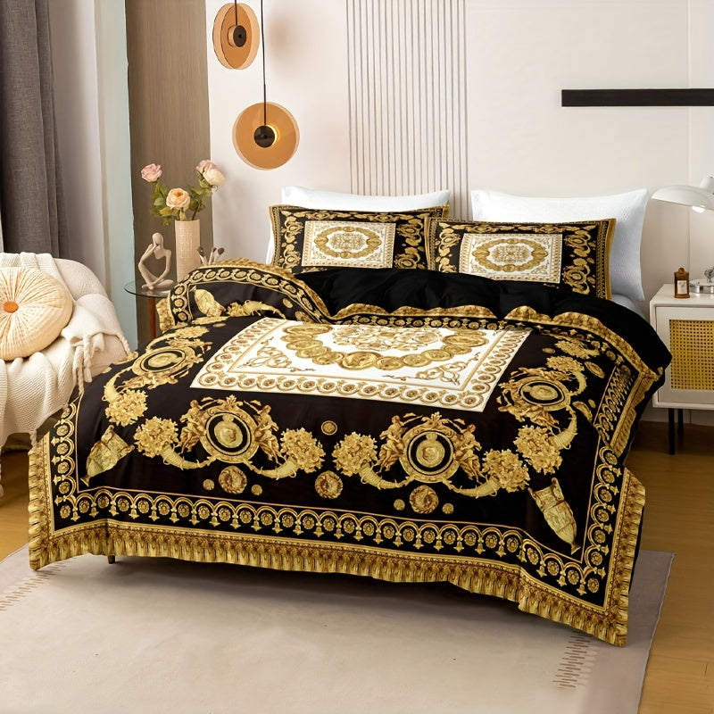 3pcs European Black and Golden Digital Print Duvet Cover Set