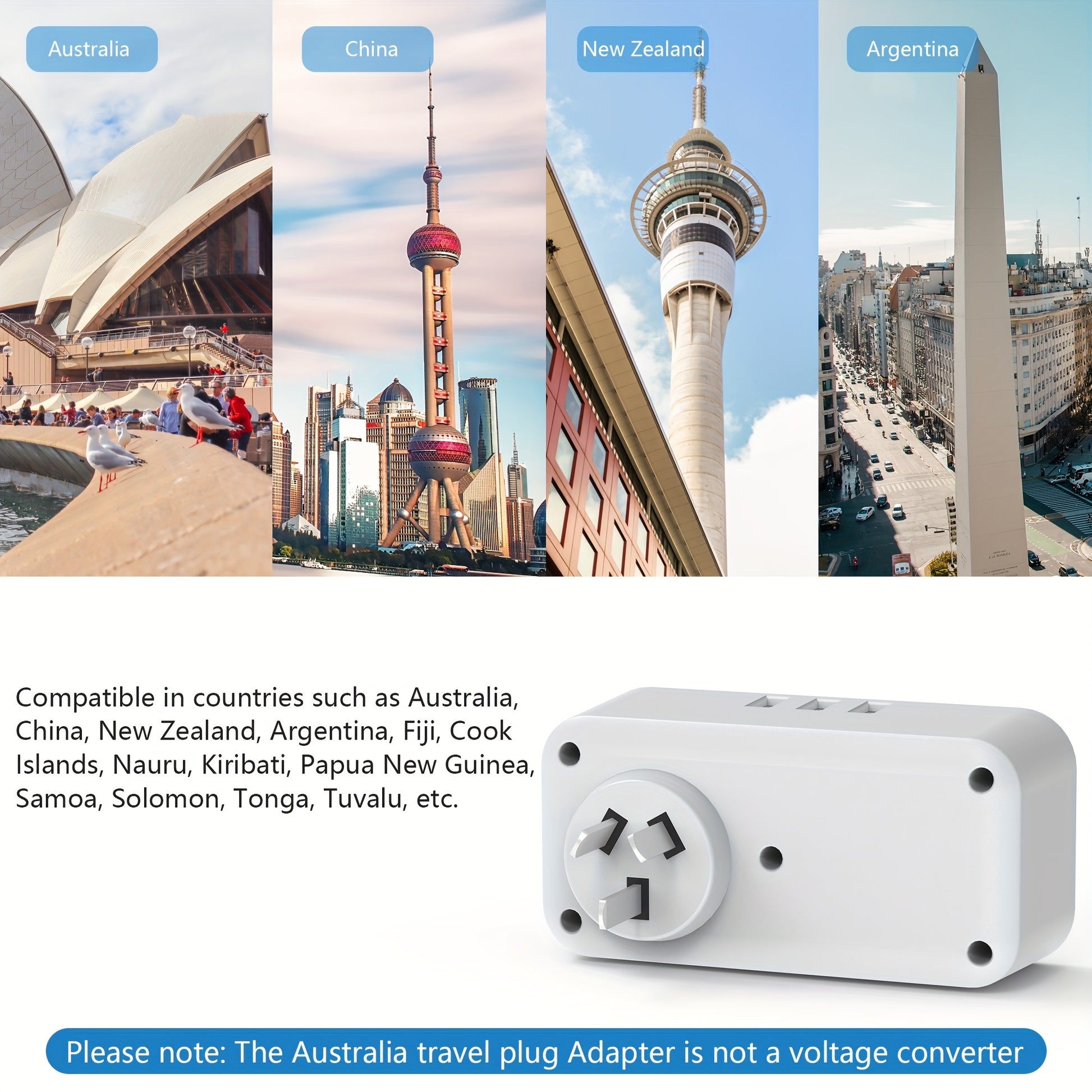 UK To CN/AUS/NZ/AR Travel Adapter, 3 USB Ports, 2 AC Outlets, 2 2-PIN Universal Worldwide Outlets, AUS Plug Extension Socket, International Travel Output Power Adapter, 3250W Max Power Rating