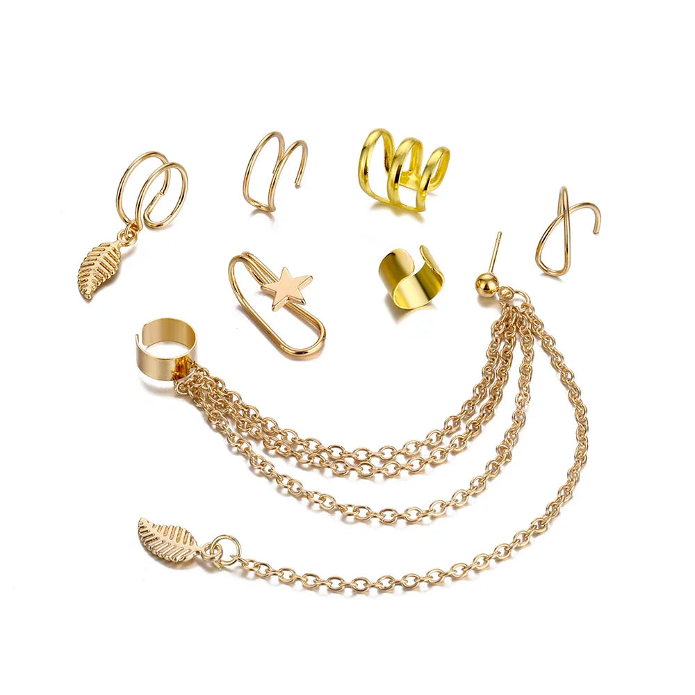 IPARAM 7Pcs/Set Vintage Tassel Chain Alloy Ear Clip Earrings 2021 Bohemian Women Geometric Leaf Star Earrings Jewelry Party Gift