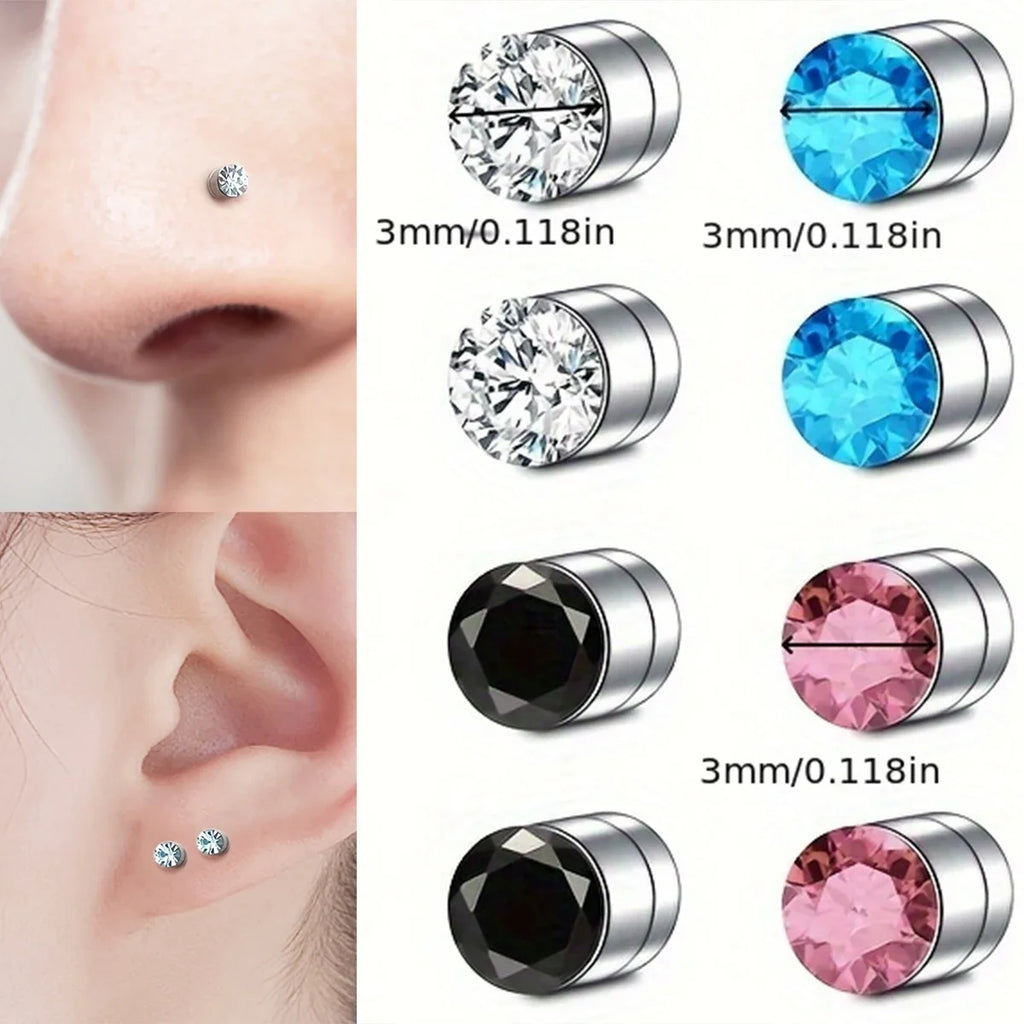 2-12Pcs Simple Stainless Steel Magnetic Nose Stud Earrings, 3mm Non-Pierced Body Jewelry For Male and female