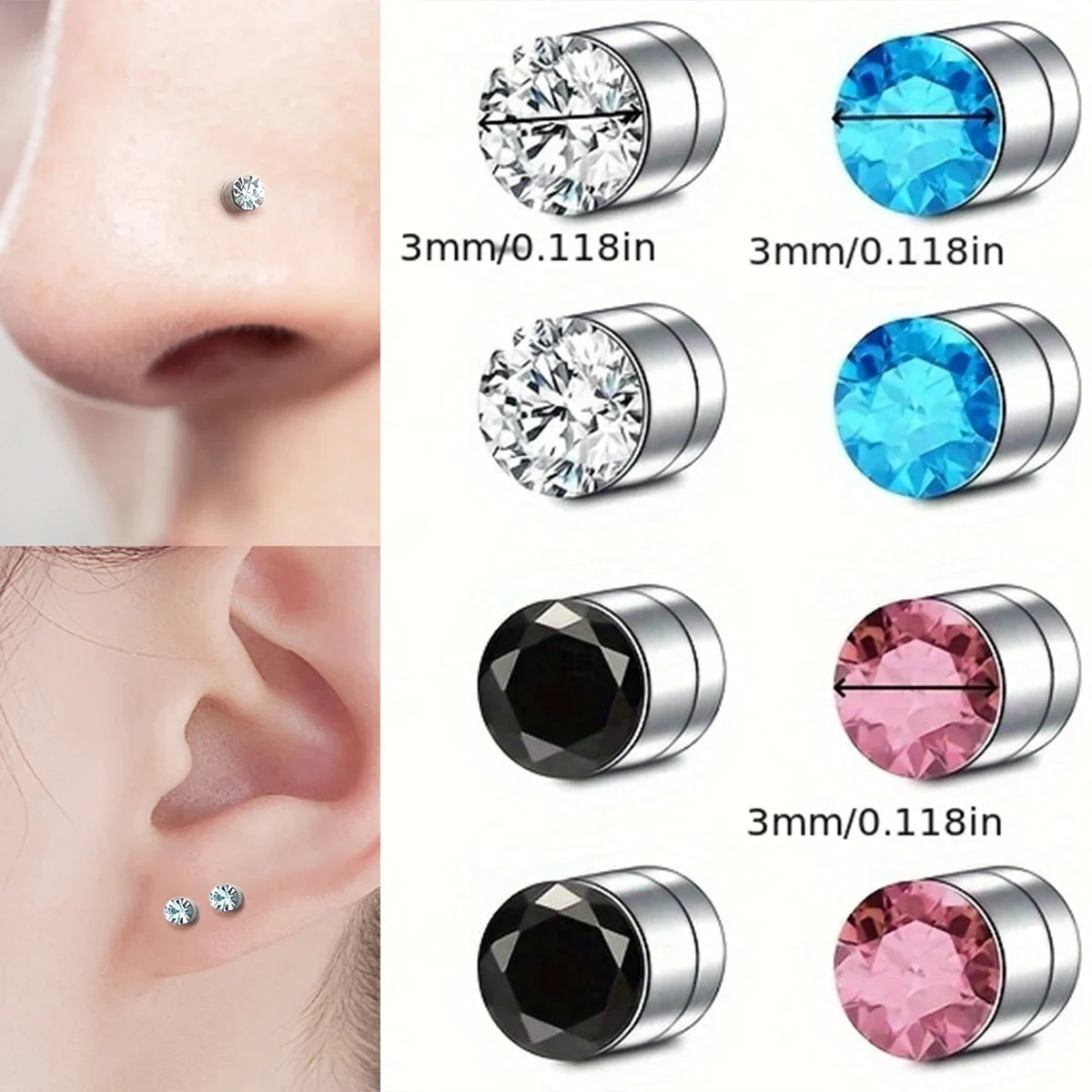 2-12Pcs Simple Stainless Steel Magnetic Nose Stud Earrings, 3mm Non-Pierced Body Jewelry For Male and female