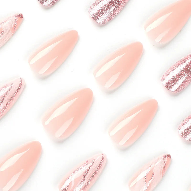 24 PCs Long Pieces of French Glitter Nails with 1 Piece of Jelly Glue and 1 Nail File