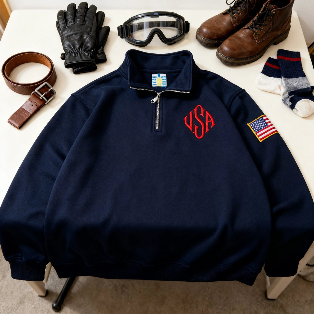 Vintage USA Flag Embroider Sweatshirts Navy Blue Quarter Zip Sweatshirt Fast delivery Streetwear High Street Y2k Fashion Hoodies