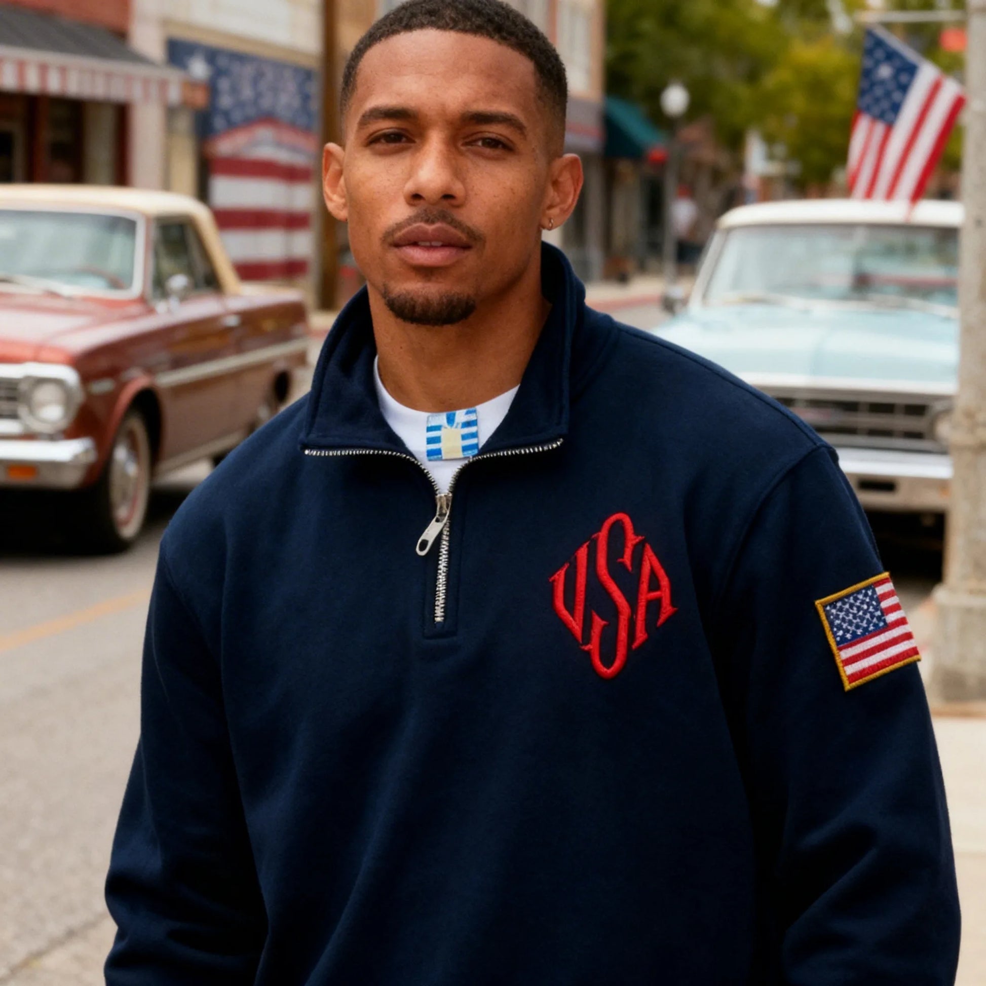 Vintage USA Flag Embroider Sweatshirts Navy Blue Quarter Zip Sweatshirt Fast delivery Streetwear High Street Y2k Fashion Hoodies