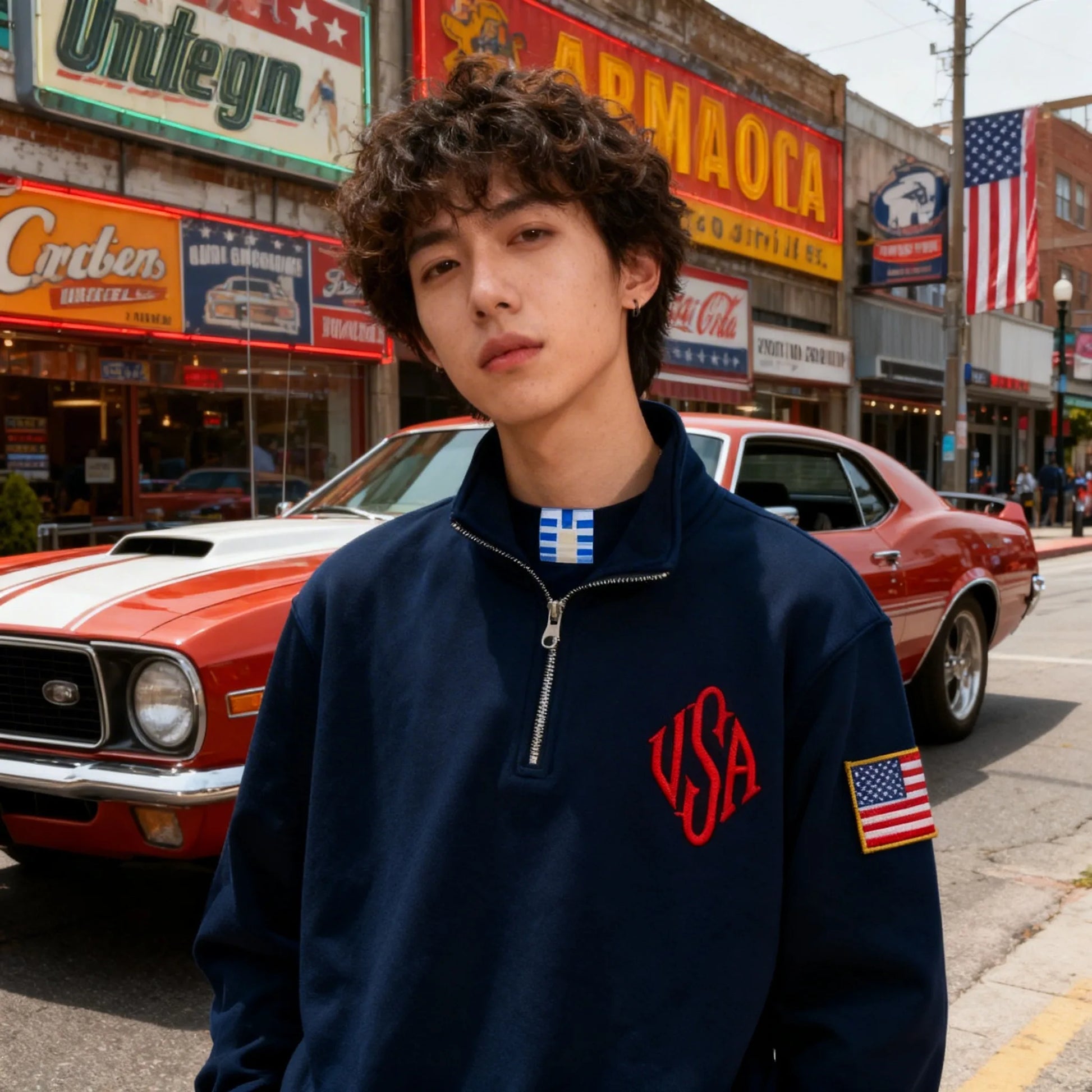 Vintage USA Flag Embroider Sweatshirts Navy Blue Quarter Zip Sweatshirt Fast delivery Streetwear High Street Y2k Fashion Hoodies