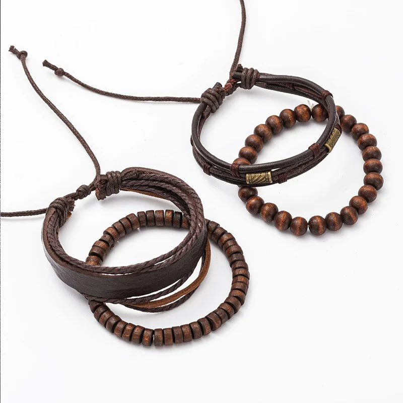 4PCS Vintage Multi-Layer Wooden Bead Strand Bracelet Leather Bracelets Men's OL Style Stackable Bracelets