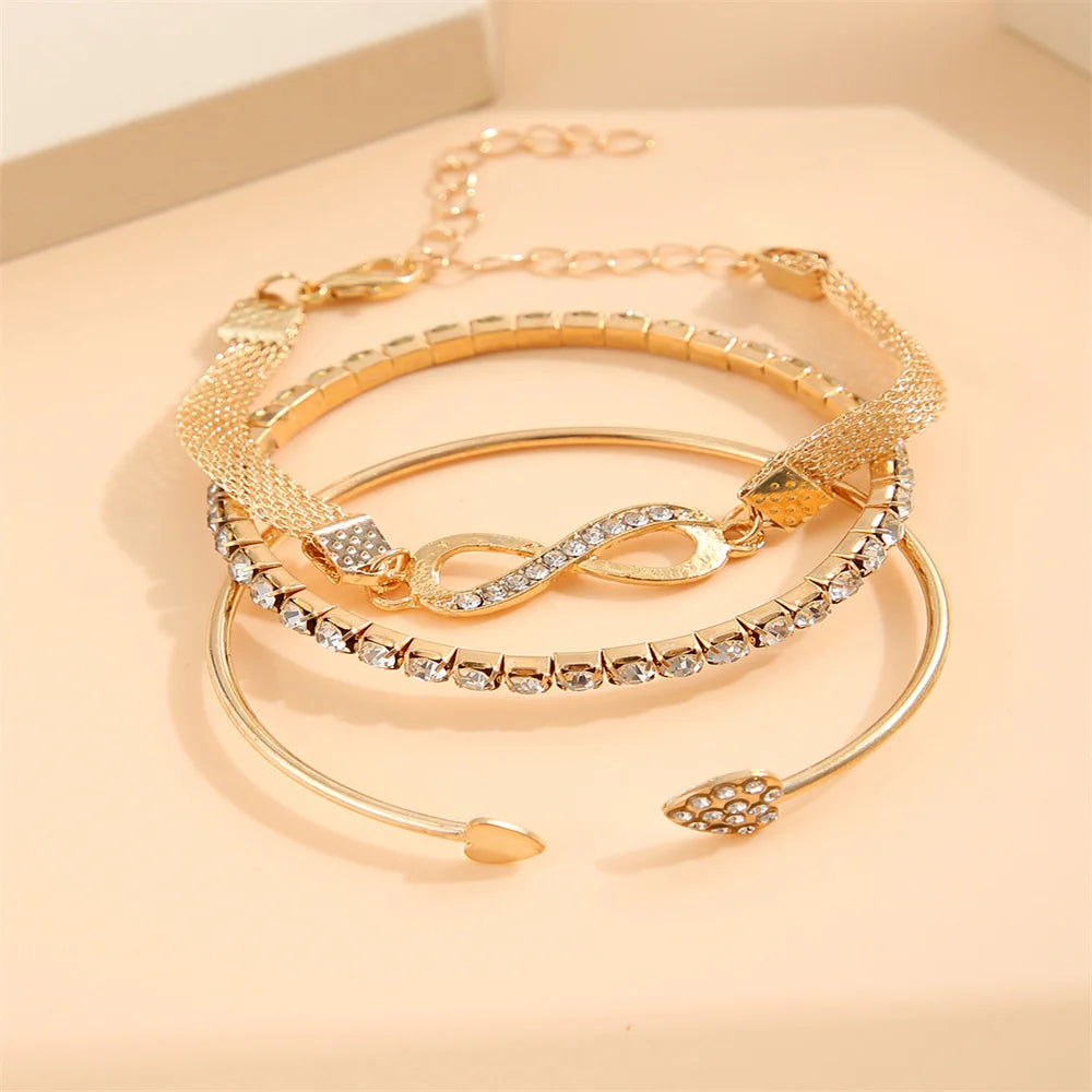 Vintage Infinity Heart Crystal Rhinestone Bracelet Set for Women Female Gold Color Metal Adjustable Bracelets Fashion Jewelry