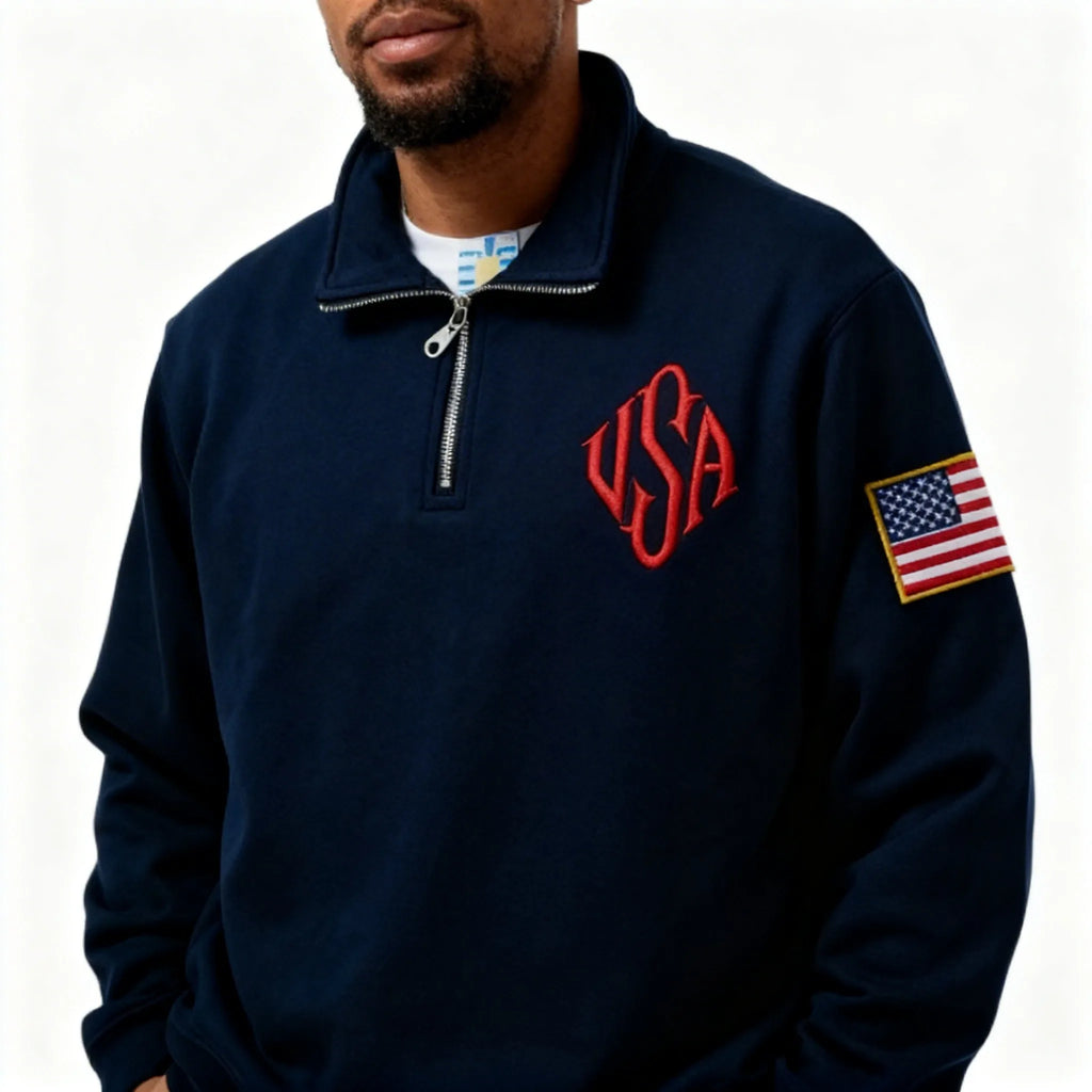 Vintage USA Flag Embroider Sweatshirts Navy Blue Quarter Zip Sweatshirt Fast delivery Streetwear High Street Y2k Fashion Hoodies