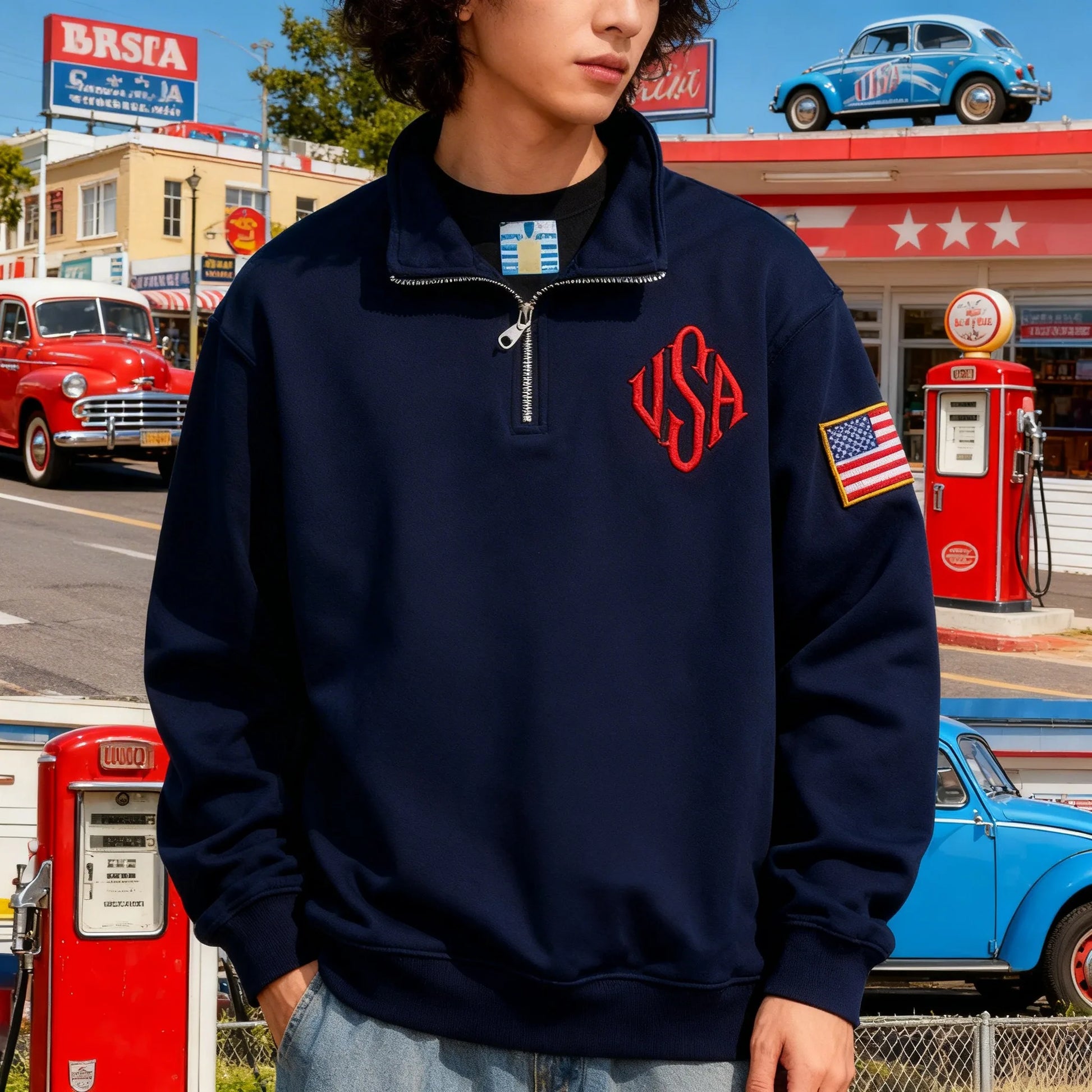 Vintage USA Flag Embroider Sweatshirts Navy Blue Quarter Zip Sweatshirt Fast delivery Streetwear High Street Y2k Fashion Hoodies