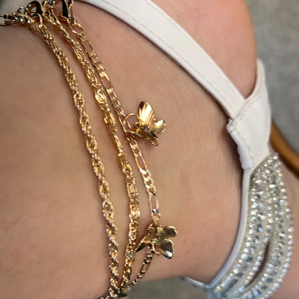 1-3pcs Simple Metal Chain Butterfly Pendant Anklet for Women Adjustable Layered Vintage Minimalist Beach Anklet Set Foot Jewelry