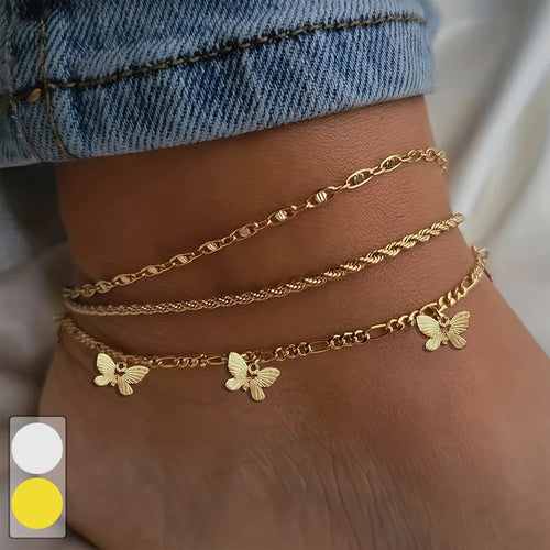 1-3pcs Simple Metal Chain Butterfly Pendant Anklet for Women Adjustable Layered Vintage Minimalist Beach Anklet Set Foot Jewelry