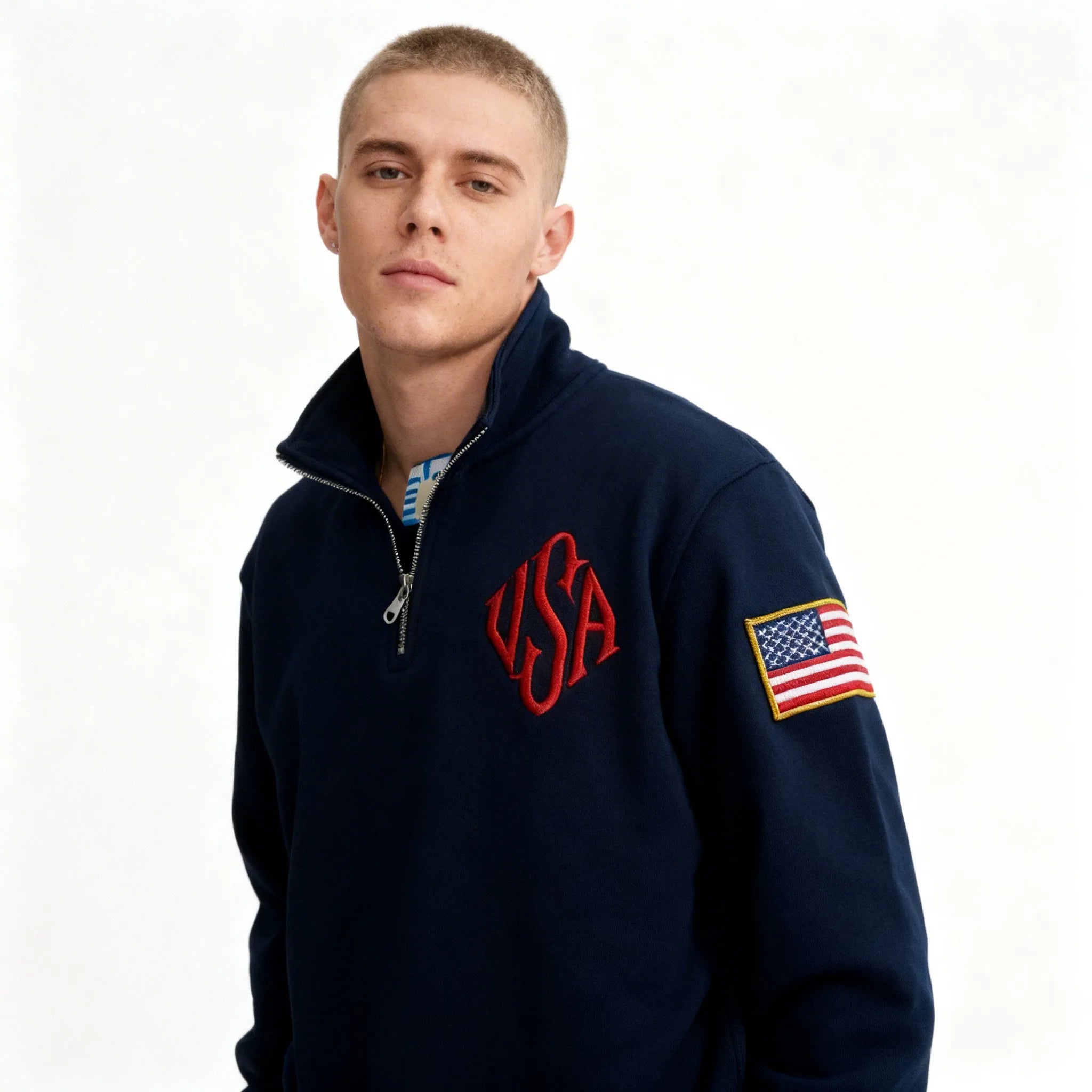 Vintage USA Flag Embroider Sweatshirts Navy Blue Quarter Zip Sweatshirt Fast delivery Streetwear High Street Y2k Fashion Hoodies