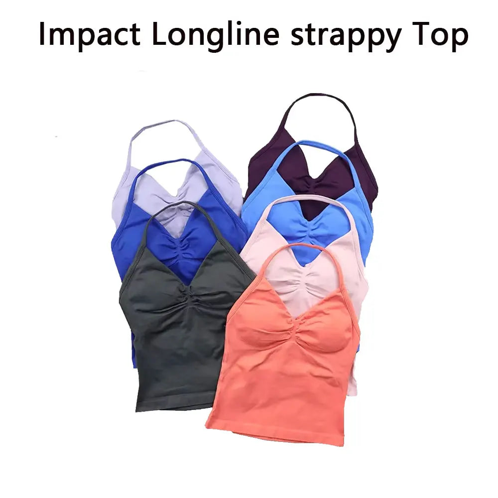 Impact Longline Strappy Yoga Top - Women's Seamless Gym Clothes. Backless Workout Sleeveless Shirt with Built-In Bra. Stay stylish and comfortable during your workout with this top-notch activewear.