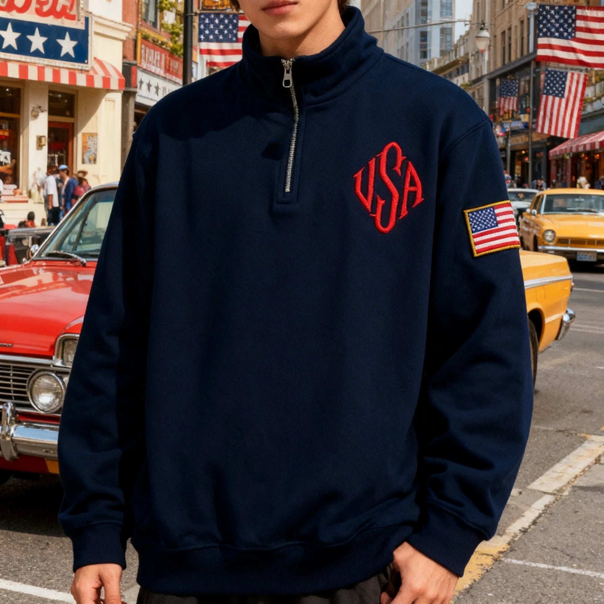 Vintage USA Flag Embroider Sweatshirts Navy Blue Quarter Zip Sweatshirt Fast delivery Streetwear High Street Y2k Fashion Hoodies