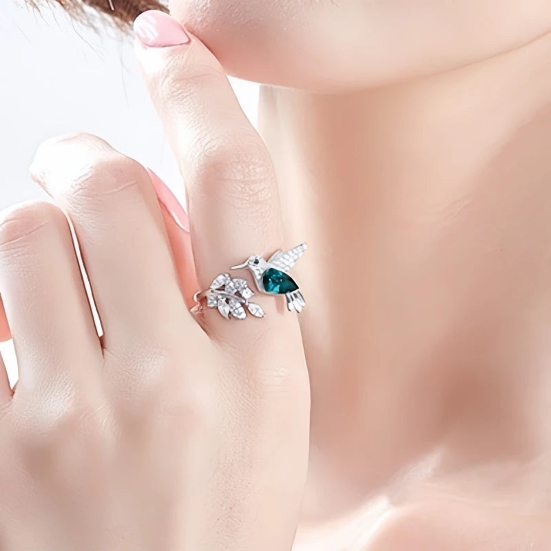 Elegant Natural Blue Stone Adjustable Hummingbird Rings for Women Glass Filled Rings Female Engagement Wedding Party Jewelry