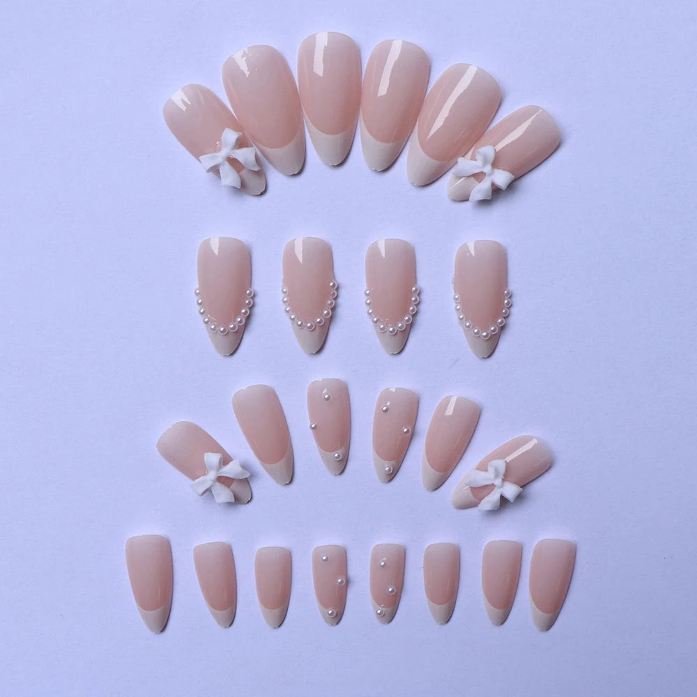 ARTAUG 24PCS Medium Press On Nails Stiletto Pink Bowknot Fingertip French Trim Cute Fake Nails Powder Full Cover Fake Nail Set
