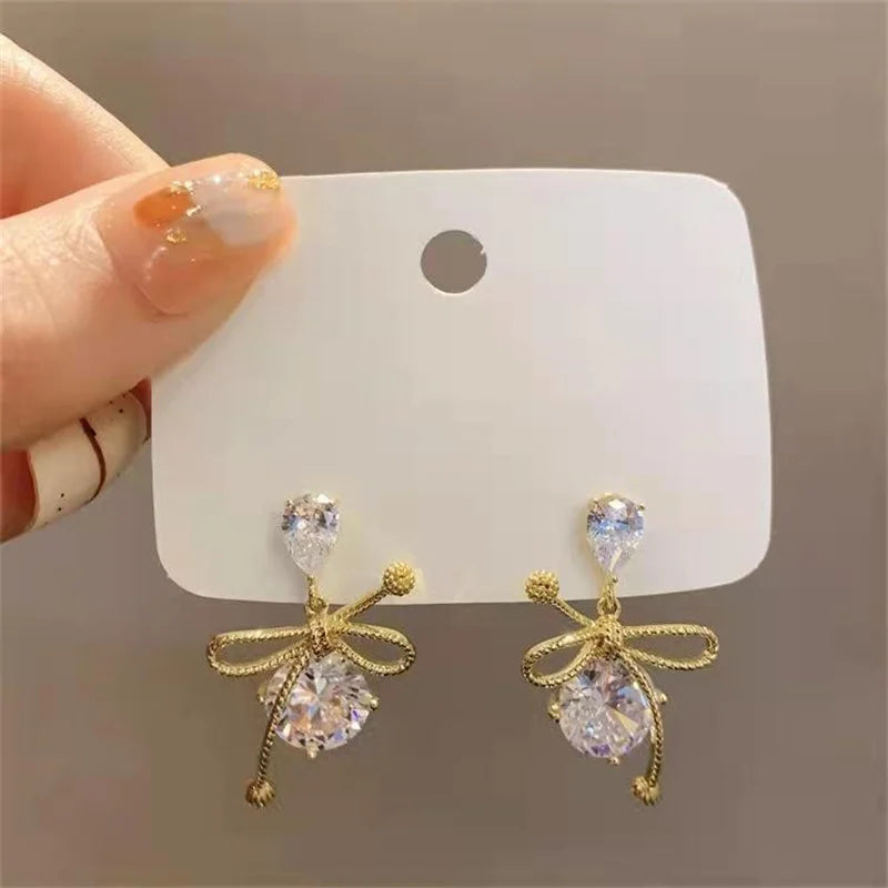 Fashion Crystal Zircon Earrings For Women Gold Color Bow Studs Earrings Korean Fashion Tassel Earrings Women Jewelry Gift