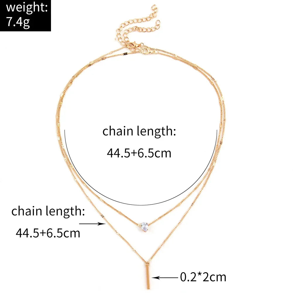Fashion Multi-layer Necklace For Women Simple Crystal Water Drop Pendant Gold Silver Color Chain Choker Trend Jewelry