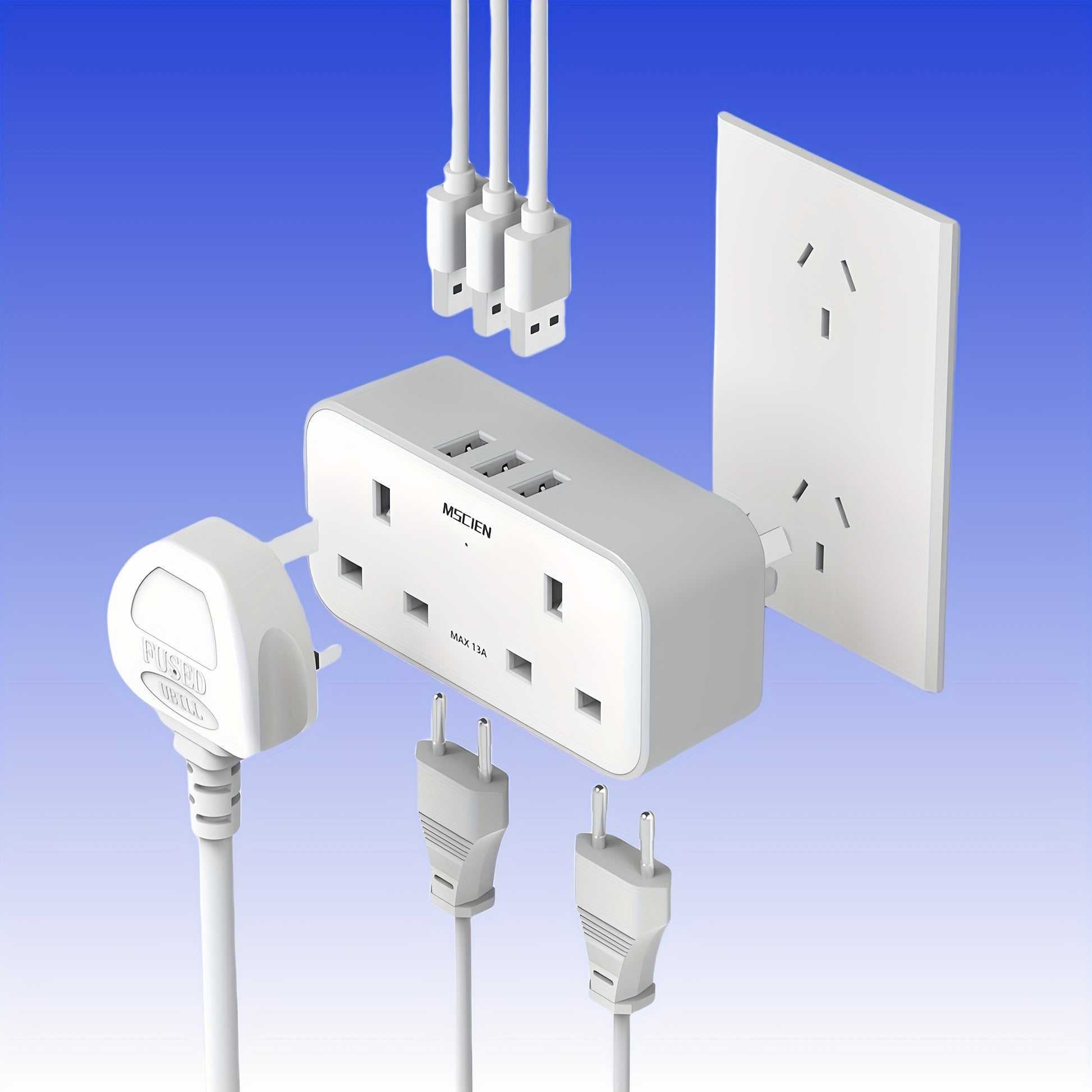 UK To CN/AUS/NZ/AR Travel Adapter, 3 USB Ports, 2 AC Outlets, 2 2-PIN Universal Worldwide Outlets, AUS Plug Extension Socket, International Travel Output Power Adapter, 3250W Max Power Rating