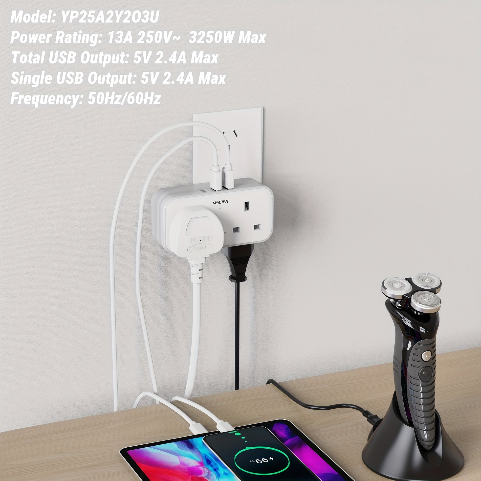UK To CN/AUS/NZ/AR Travel Adapter, 3 USB Ports, 2 AC Outlets, 2 2-PIN Universal Worldwide Outlets, AUS Plug Extension Socket, International Travel Output Power Adapter, 3250W Max Power Rating