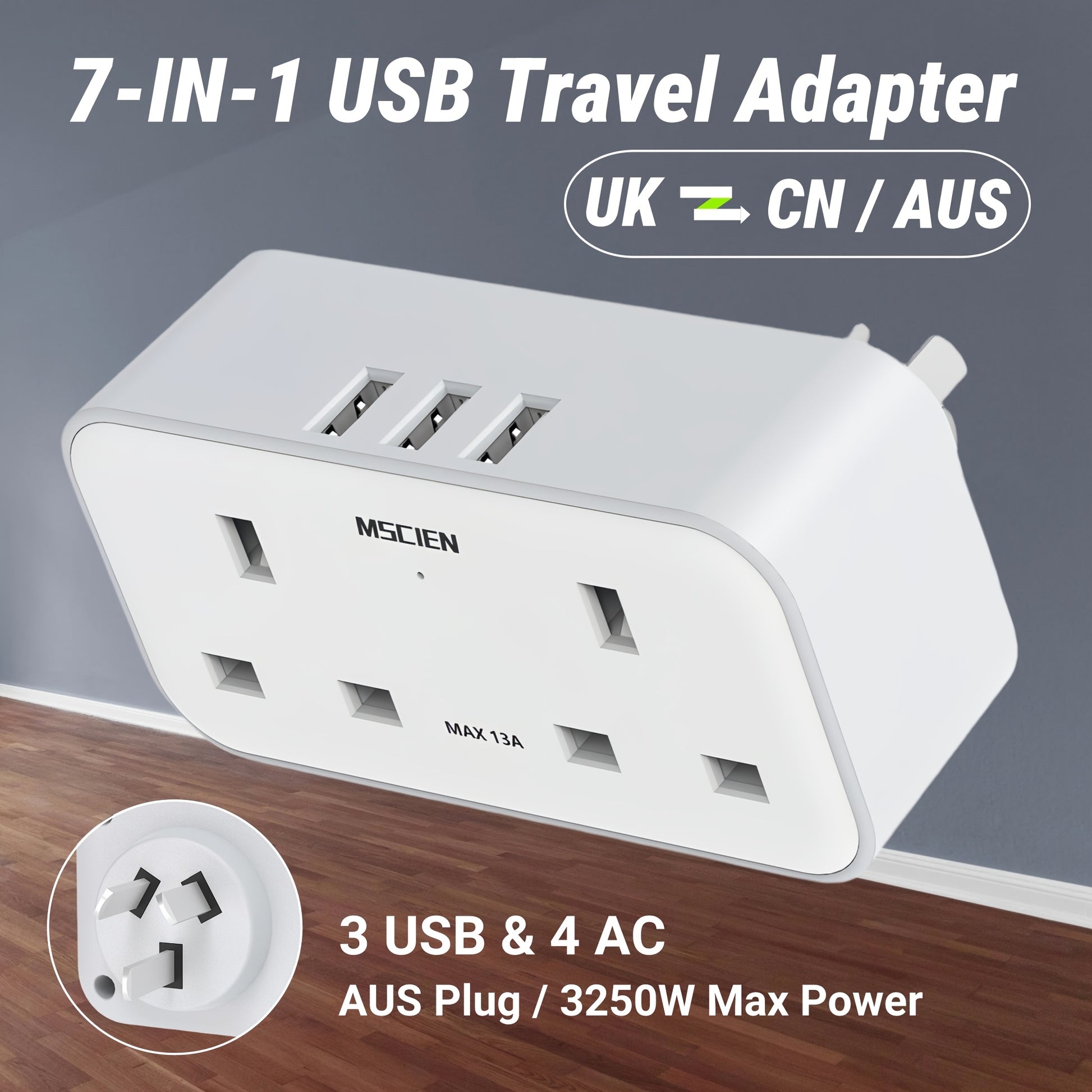 UK To CN/AUS/NZ/AR Travel Adapter, 3 USB Ports, 2 AC Outlets, 2 2-PIN Universal Worldwide Outlets, AUS Plug Extension Socket, International Travel Output Power Adapter, 3250W Max Power Rating